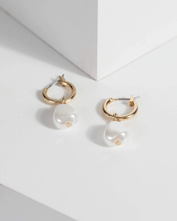 Gold Pearl Drop Mini Hoop Earrings | Earrings