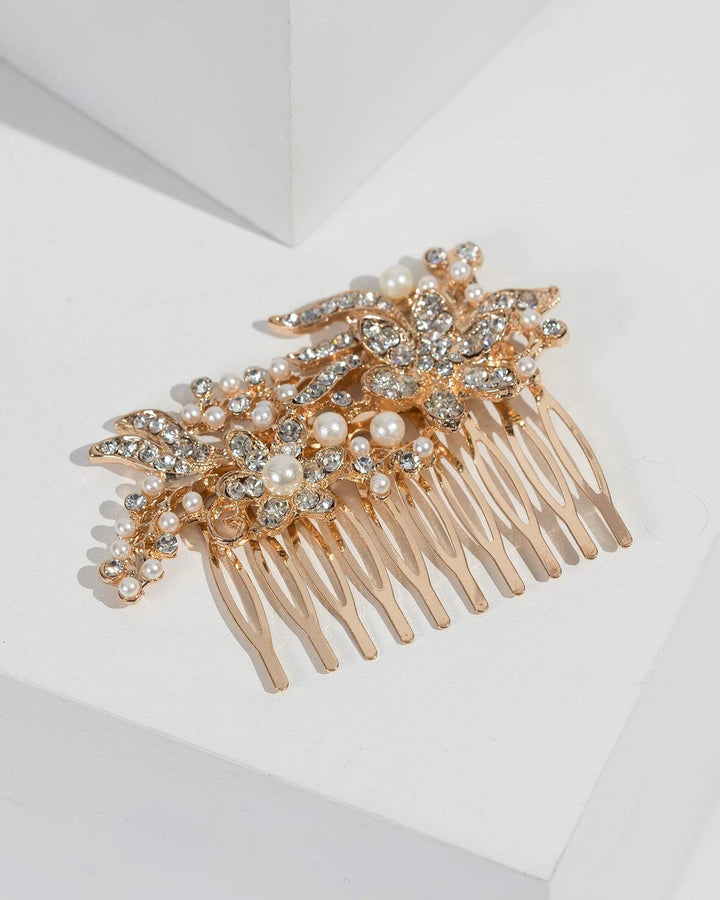 Gold Pearl Flower Hair Comb | Hair Accessories