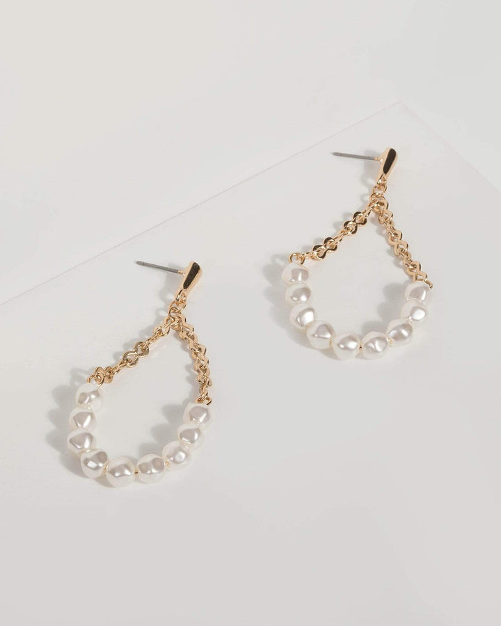 Gold Pearl Half Hoop Chain Earrings | Earrings