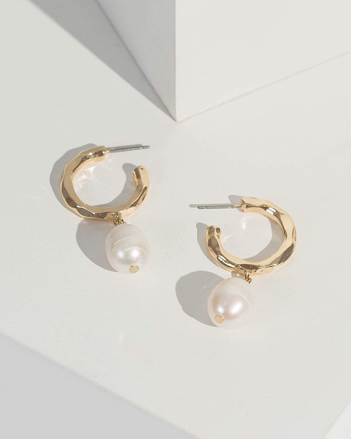 Gold Pearl Huggie Hoop Earrings | Earrings