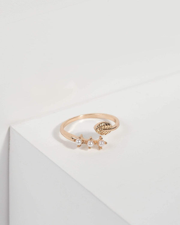 Gold Pearl Leaf Pinky Ring | Rings