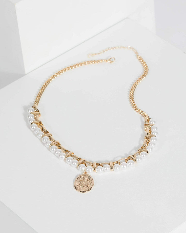 Gold Pearl Medallian Statement Necklace | Necklaces