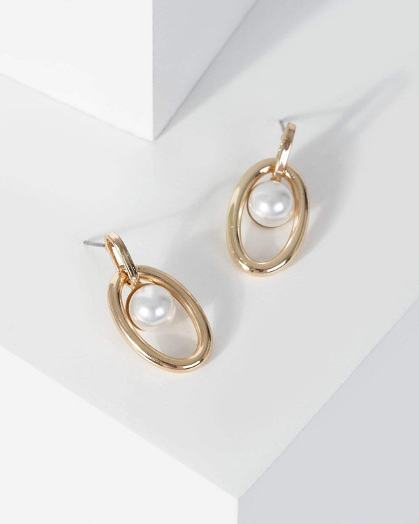 Gold Pearl Oval Stud Earrings | Earrings