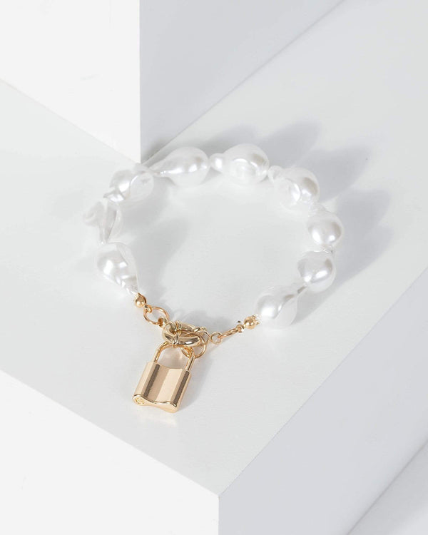 Gold Pearl Padlock Bracelet | Wristwear