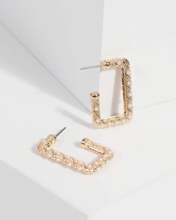 Gold Pearl Rectangle Earrings | Earrings