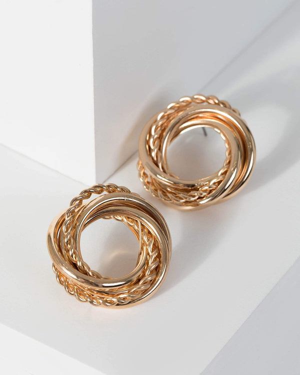 Gold Plain And Rope Detail Stud Earrings | Earrings