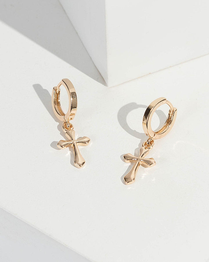 Gold Plain Metal Cross Hoop Earrings | Earrings