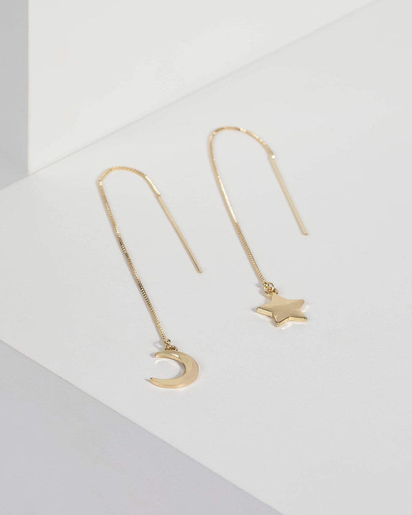 Gold Plated Star Moon Thread Through Earrings | Earrings