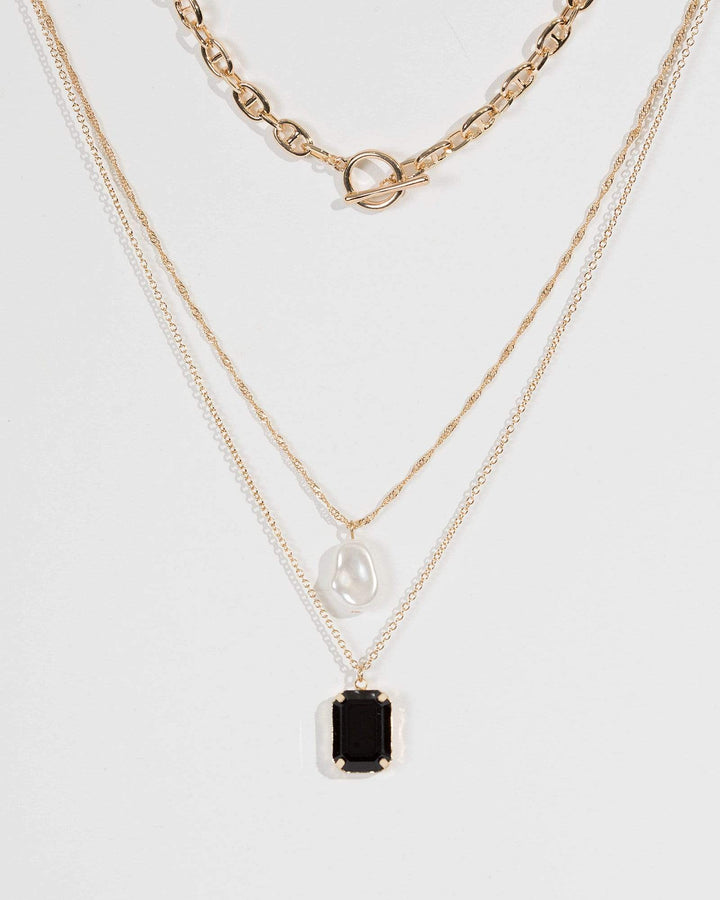 Gold Rectangle Crystal Pearl Layer Necklace | Necklaces
