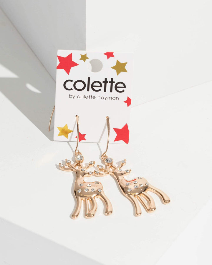 Gold Reindeer Crystal Drop Earrings | Earrings