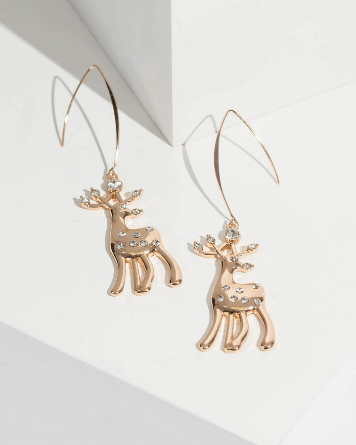 Gold Reindeer Crystal Drop Earrings | Earrings