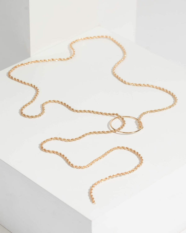 Gold Rope Chain Circle Pendant Lariat Necklace | Necklaces