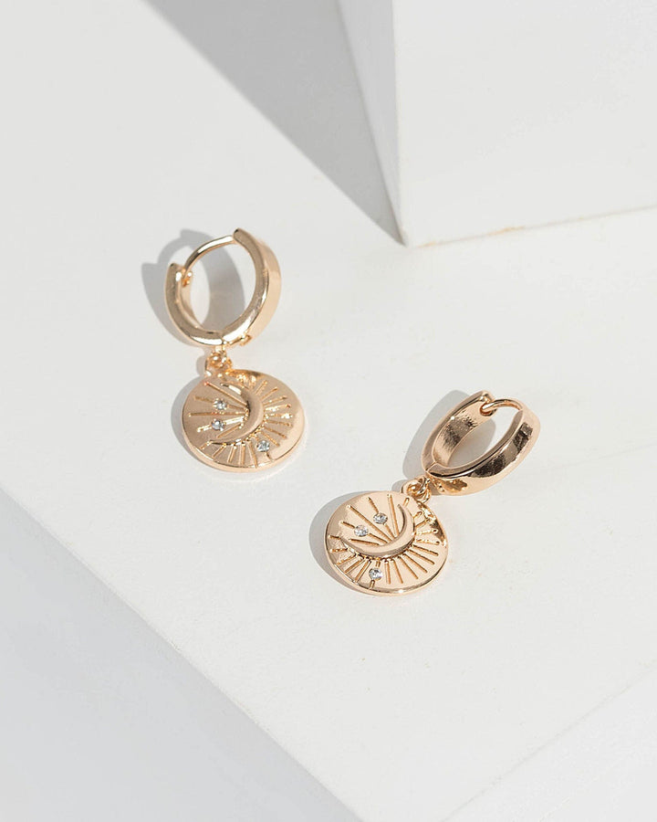 Gold Round Crescent Pendant Hoop Earrings | Earrings
