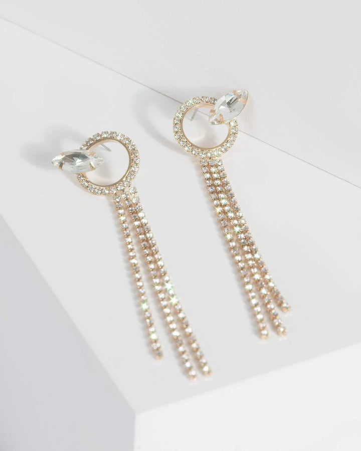 Gold Round Diamante Circle Tassel Drop Earrings | Earrings