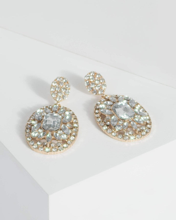 Gold Round Diamante Detail Drop Earrings | Earrings