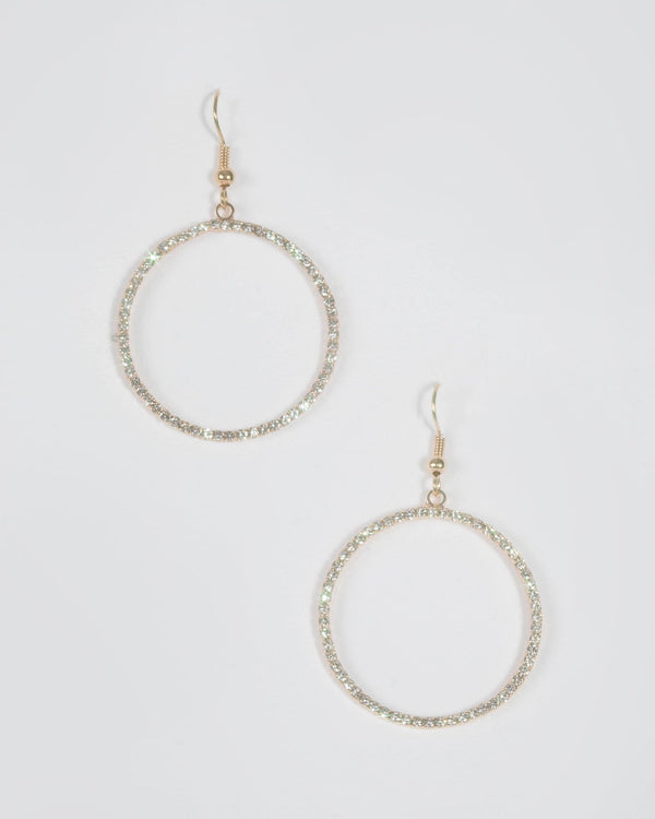 Gold Round Diamante Drop Hoop Earrings | Earrings