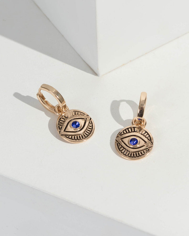 Gold Round Evil Eye Pendant Hoop Earrings | Earrings