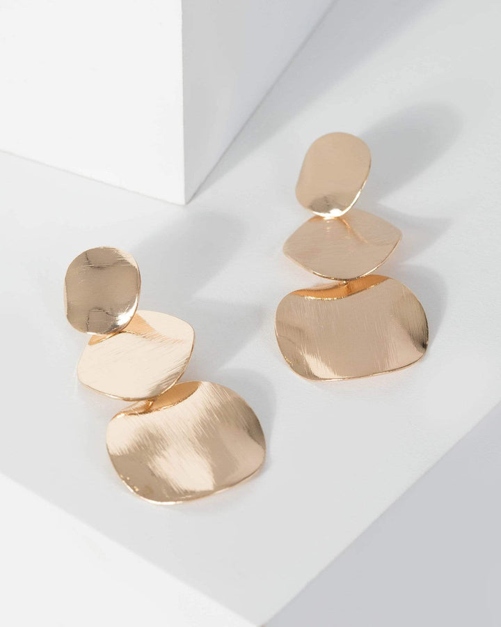 Gold Round Multi Textured Drop Earrings | Earrings