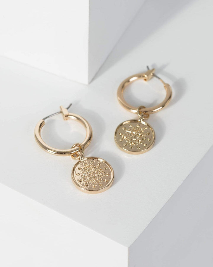 Gold Round Pendant Hoop Earrings | Earrings