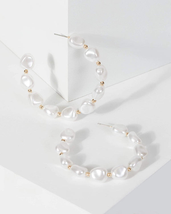 Gold Seperated Pearl Hoops Earrings | Earrings