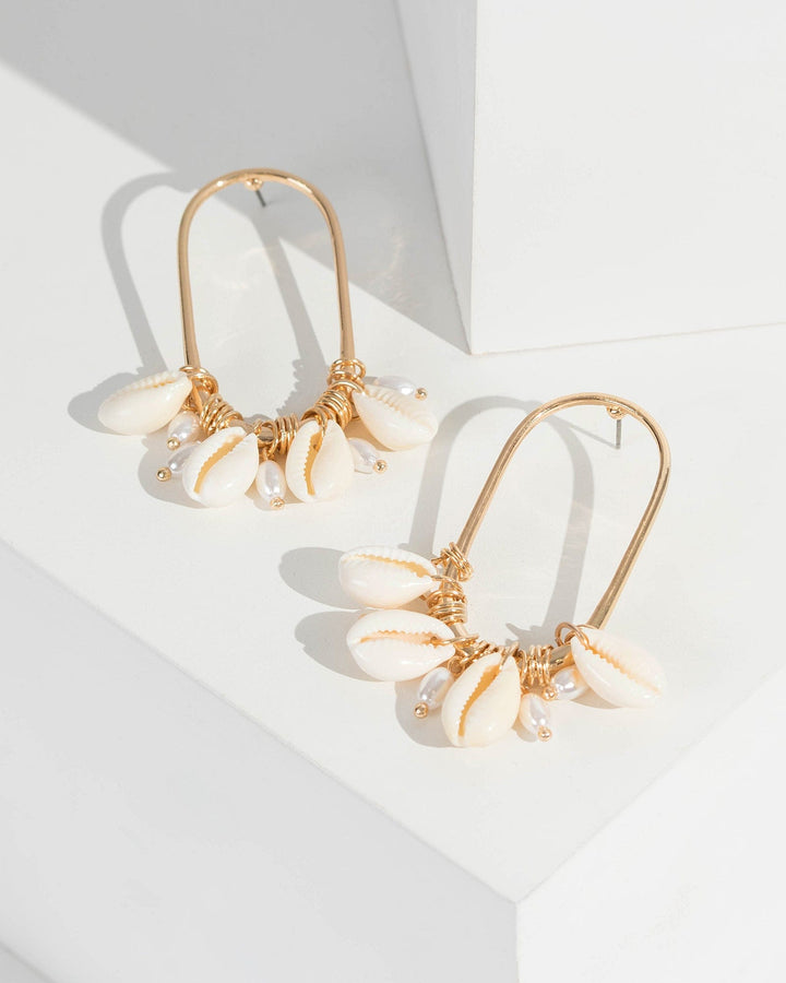 Gold Shell And Pearl Drop Detail Earrings | Earrings