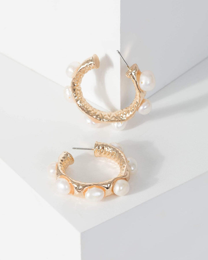 Gold Small Multi Pearl Detail Hoop Earrings | Earrings
