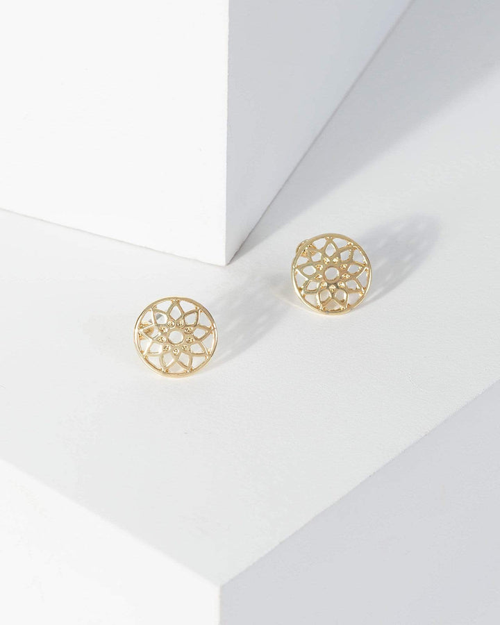 Gold Small Round Flower Stencil Stud Earrings | Earrings