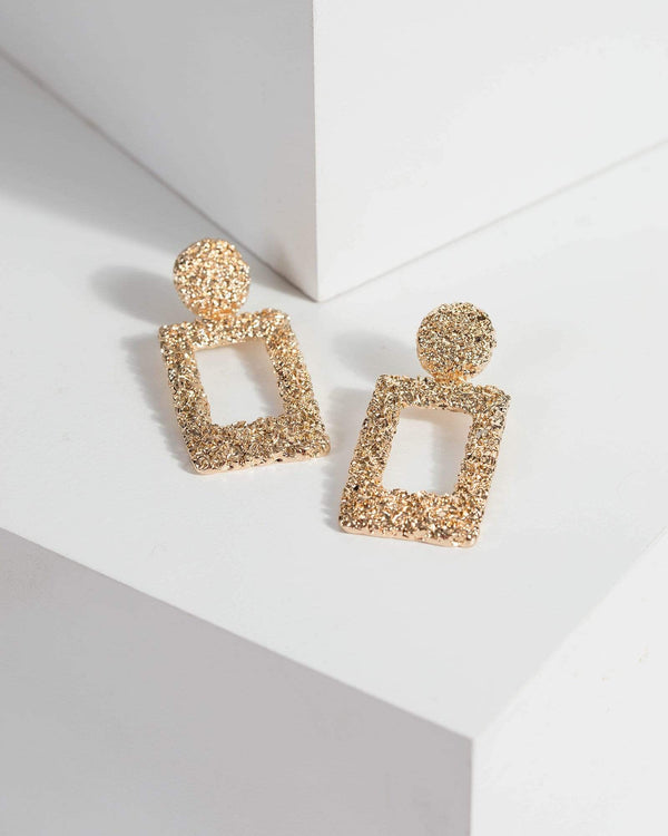 Gold Small Textured Rectangle Drop Earrings | Earrings