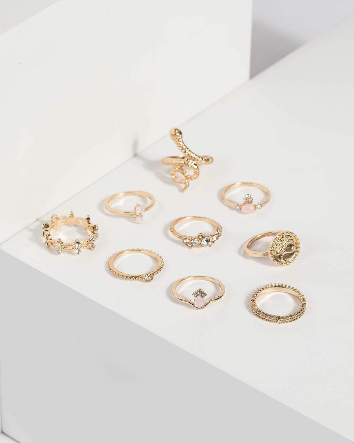 Gold Snake and Crystal Ring Set | Rings