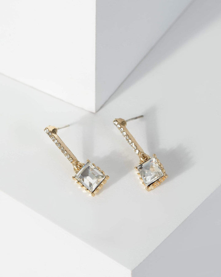 Gold Square Diamante Drop Bar Earrings | Earrings