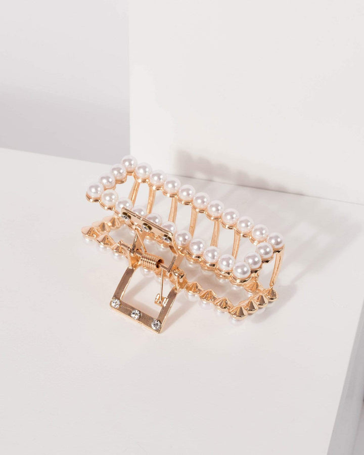 Gold Square Pearl Detail Claw Clip | Accessories