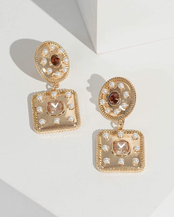 Gold Square Studded Drop Earrings | Earrings