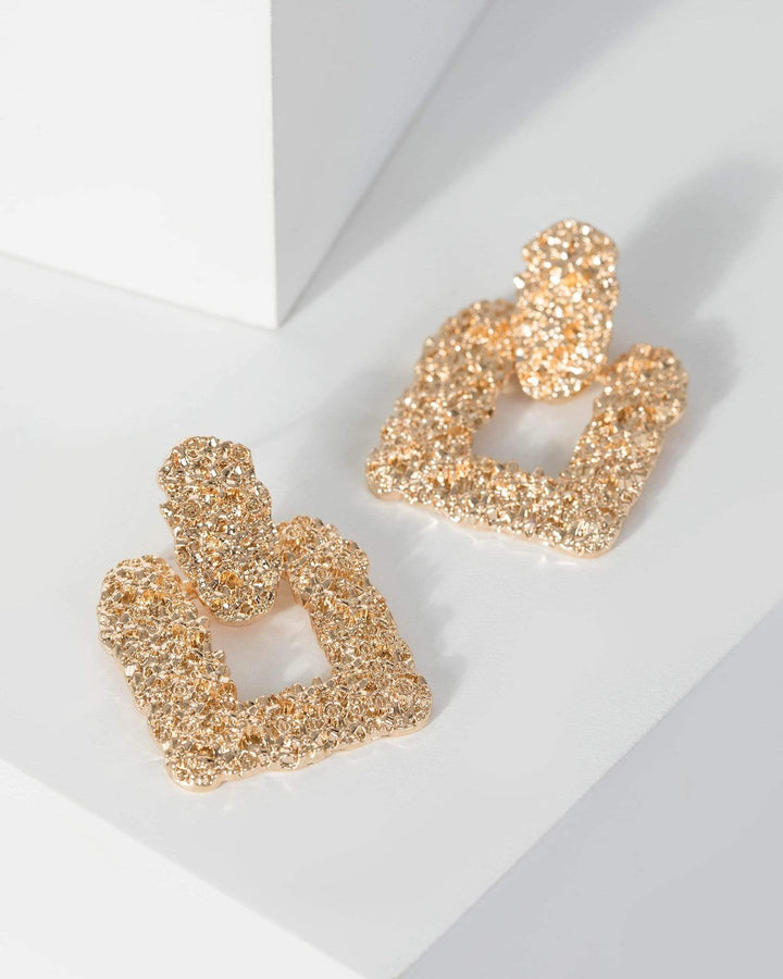Gold Square Textured Detail Drop Earrings | Earrings