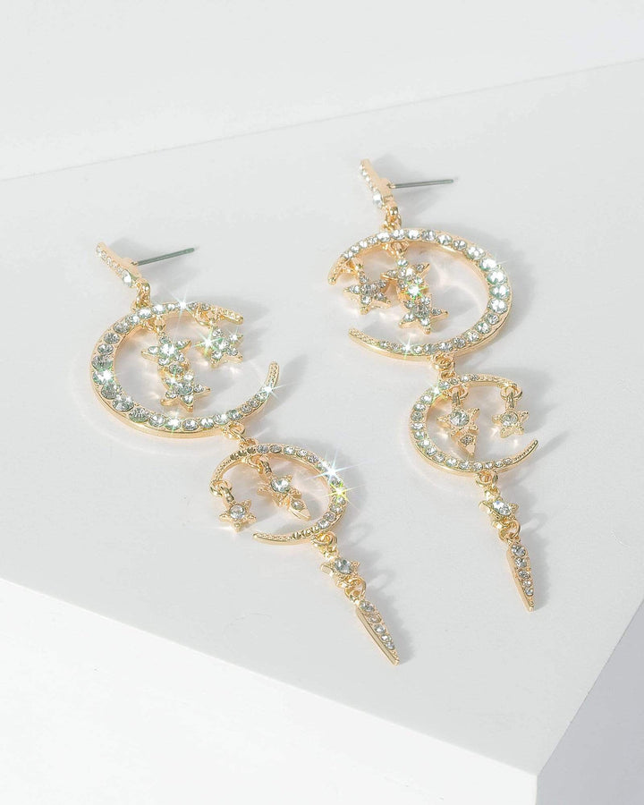 Gold Star And Moon Diamante Detail Drop Earrings | Earrings