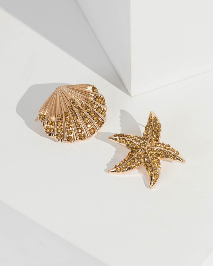 Gold Starfish And Seashell Mismatched Earrings | Earrings