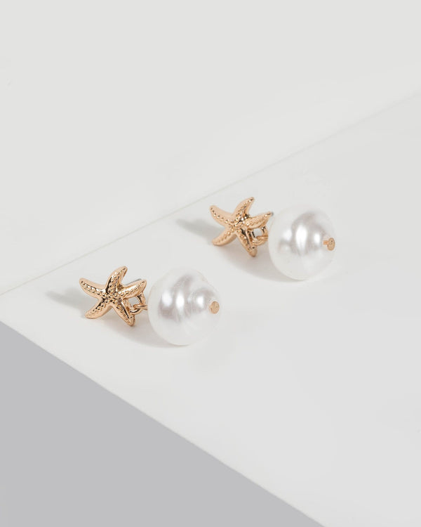 Gold Starfish Pearl Drop Earrings | Earrings