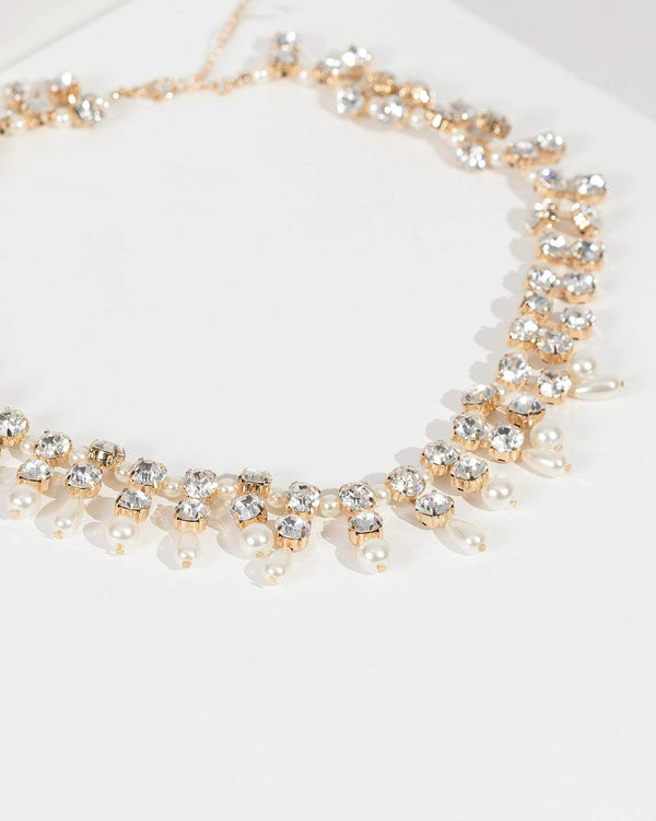 Gold Statement Crystal And Pearl Necklace | Necklaces