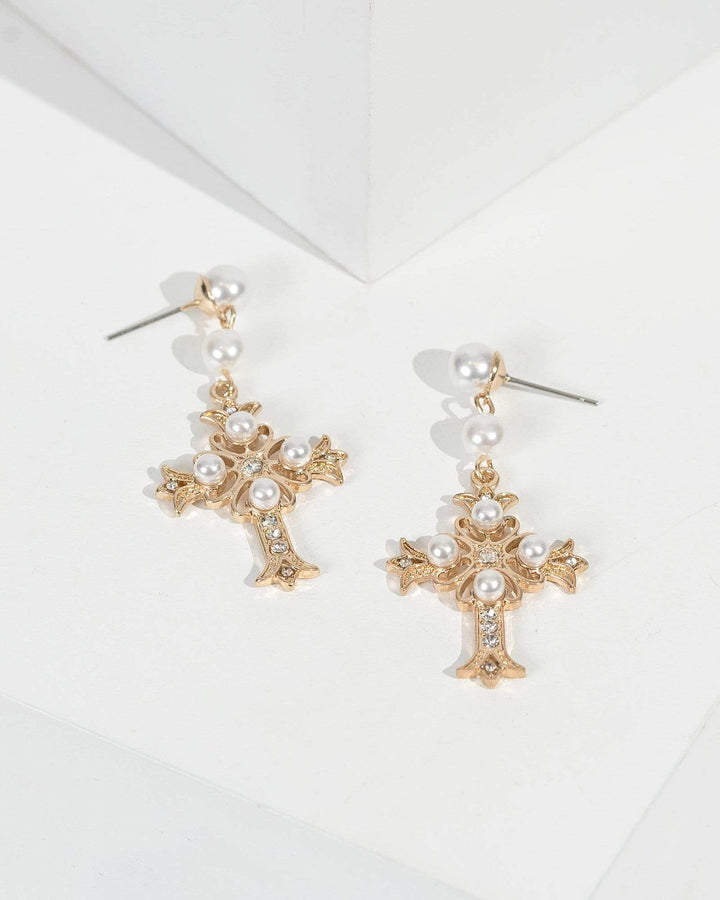 Gold Statement Pearl Cross Earrings | Earrings