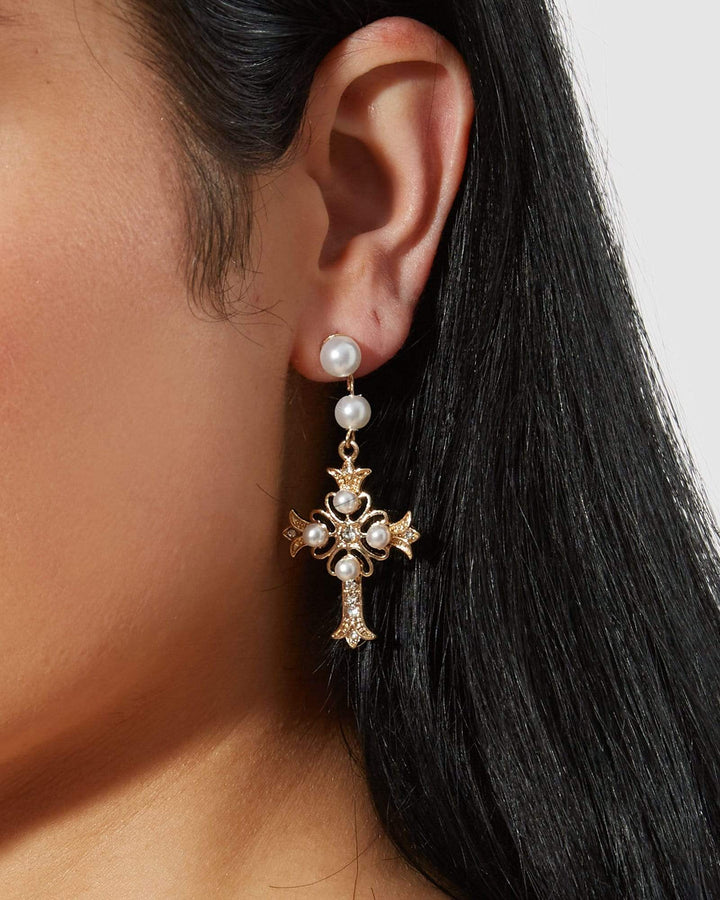 Gold Statement Pearl Cross Earrings | Earrings