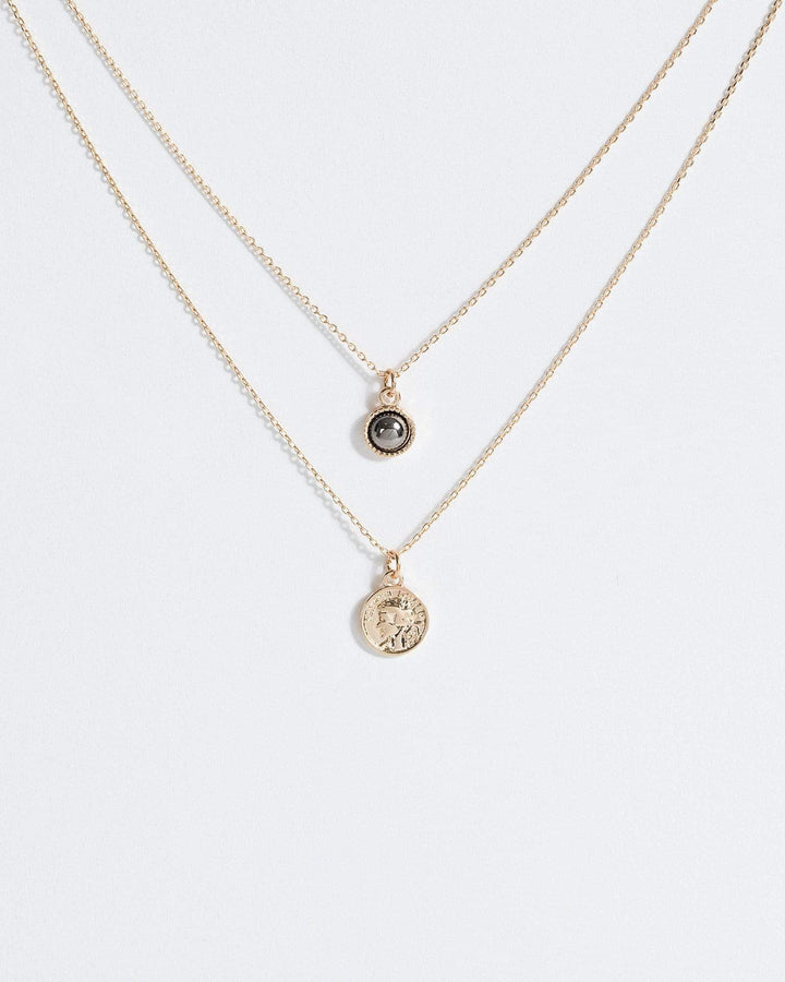 Gold Stone And Coin Fine Layer Necklace | Necklaces