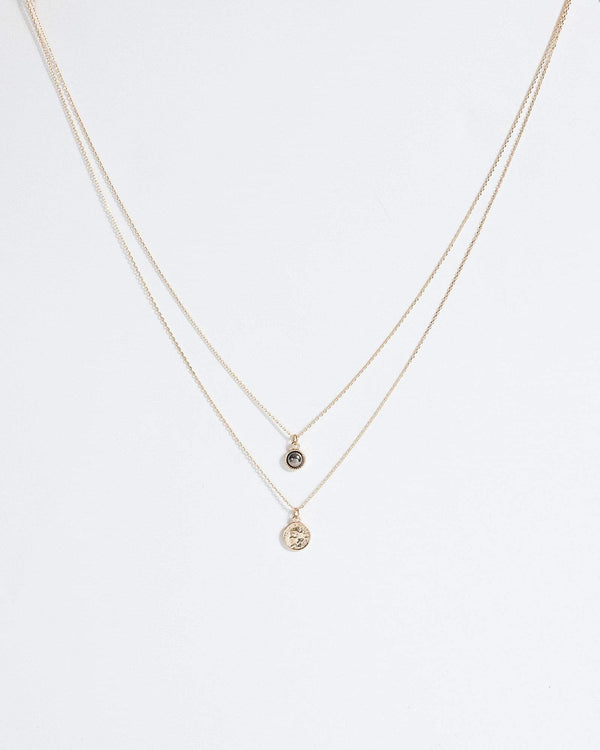 Gold Stone And Coin Fine Layer Necklace | Necklaces