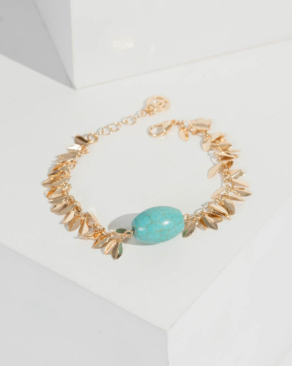 Gold Stone And Mini Metal Leaf Bracelet | Wristwear