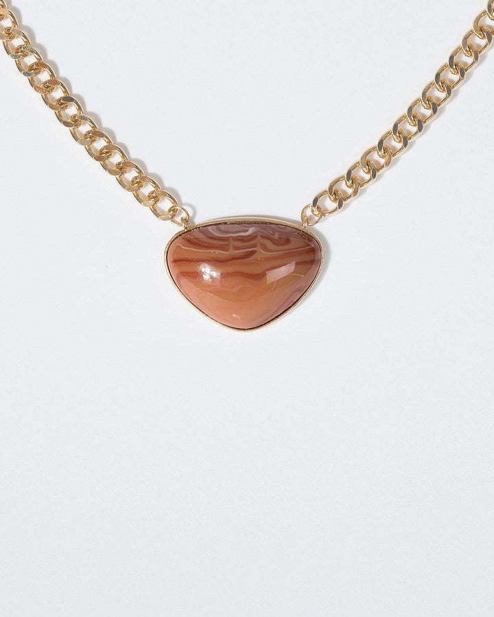 Gold Stripe Stone Pendant Chain Necklace | Necklaces