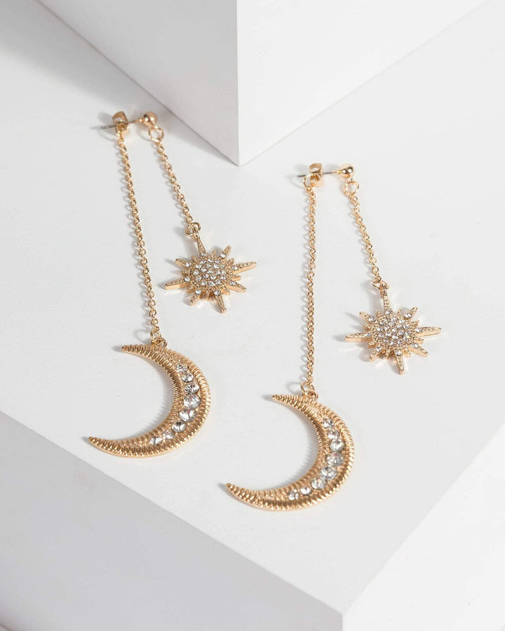 Gold Sun Moon Drop Chain Stud Earrings | Earrings