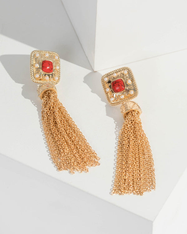 Gold Tassel Drop Hammered Stone Earrings | Earrings