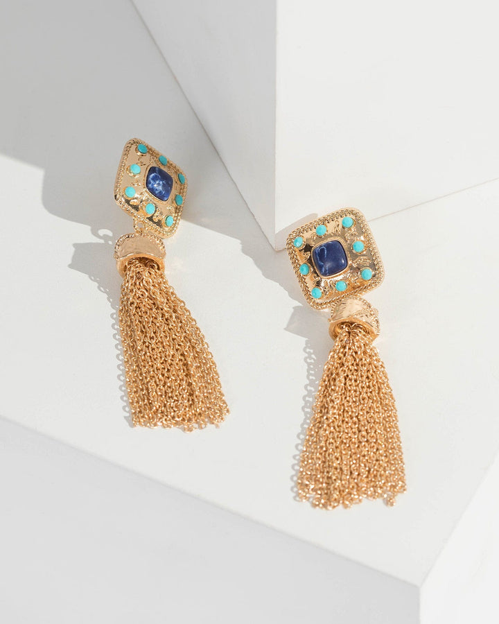 Gold Tassel Drop Hammered Stone Earrings | Earrings
