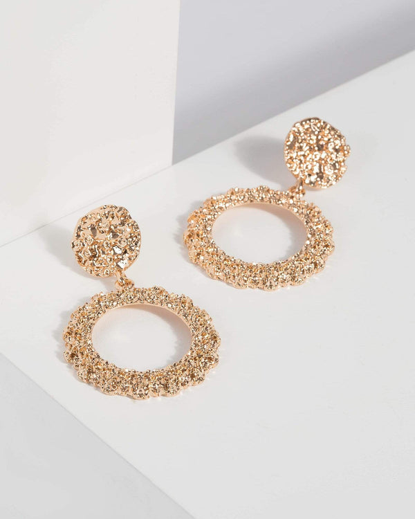 Gold Textured Circle Drop Earrings | Earrings