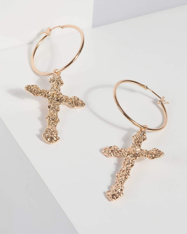 Gold Textured Cross Drop Earrings | Earrings