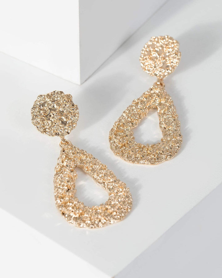 Gold Textured Drop Metal Earrings | Earrings