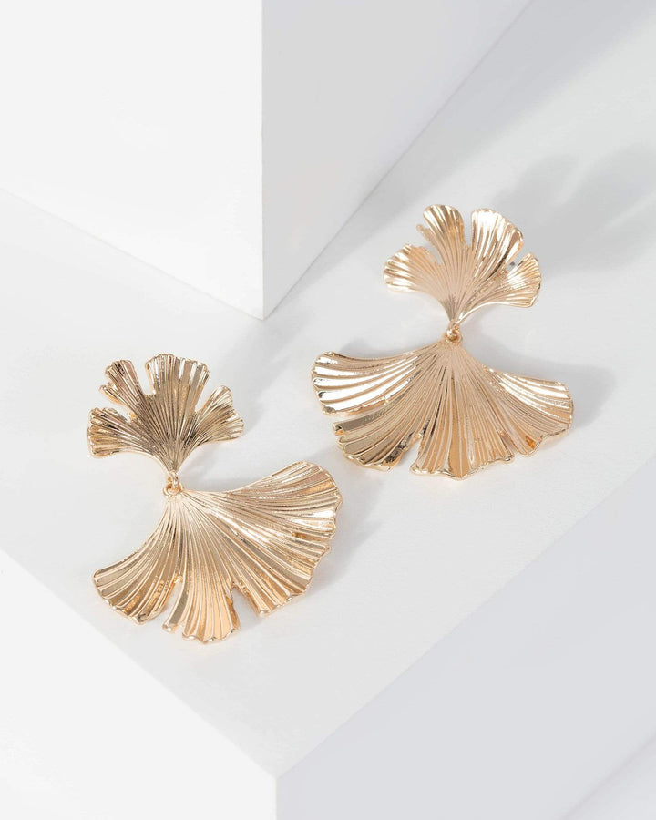 Gold Textured Fan Detail Drop Earrings | Earrings